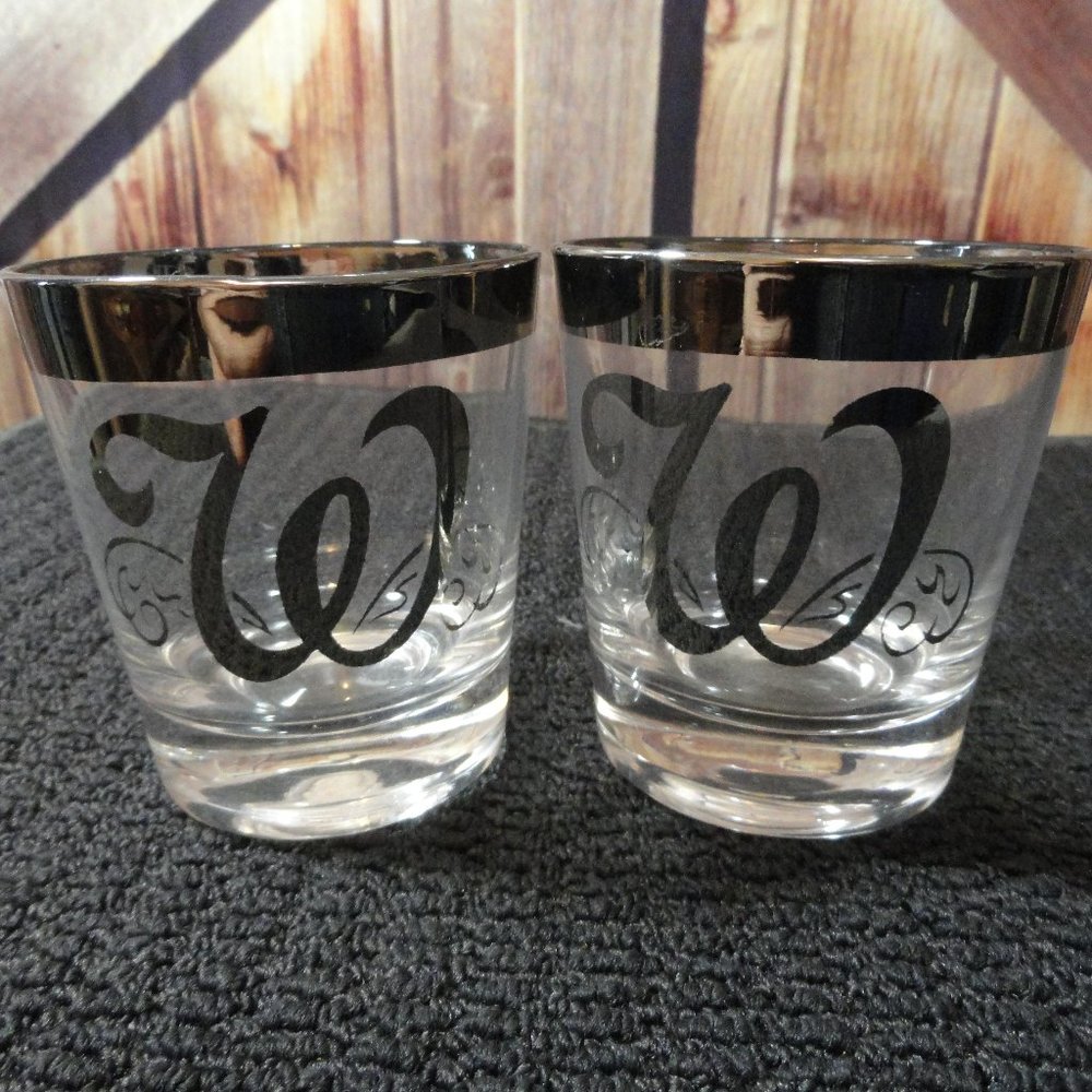 Vintage Chrome W rocks glasses with silver chrome top~EUC~70"s style~